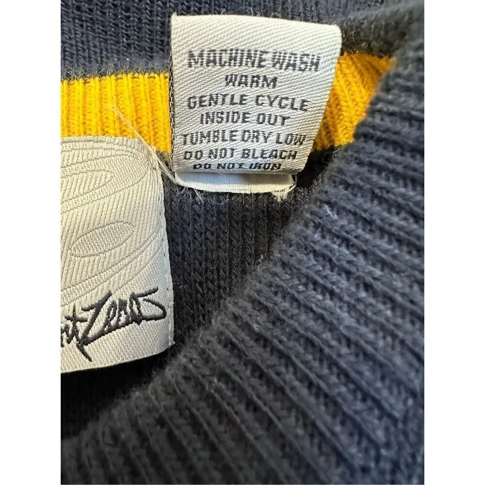 Point Zero Vtg mens navy v-neck sweater yellow white stripe size Large #39-1862 - Picture 3 of 4